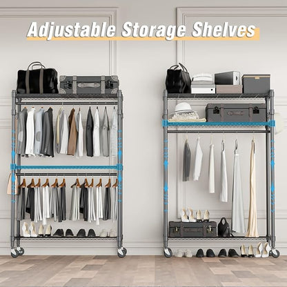 Homdox Rolling Clothes Rack Heavy Duty, 3-Tier Adjustable Wire Shelving Garment - Image 3