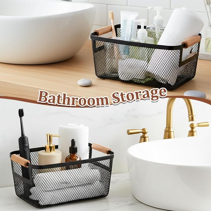 6 Pcs Metal Wire Basket with Wooden Handles | Mesh Steel Storage Organizer Bin - Image 3