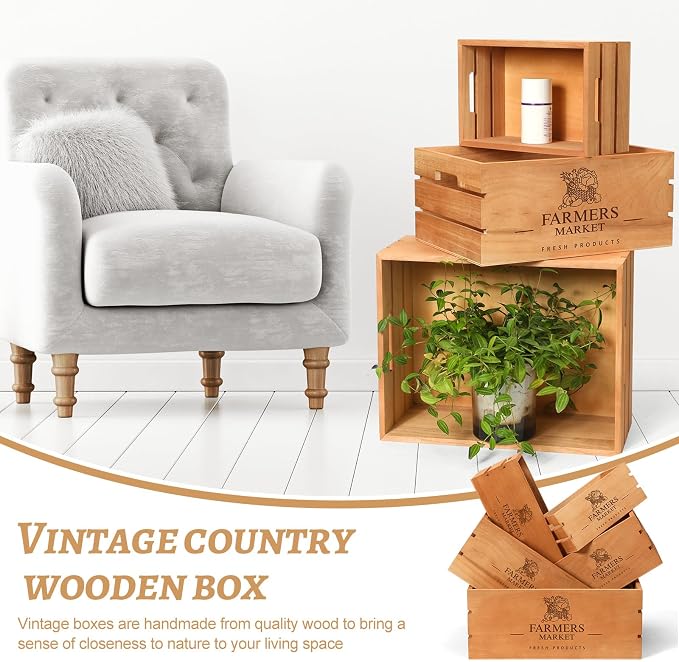Barydat Set of 5 Wood Crates for Display Decorative Nesting Wooden Crate Storage - Image 3
