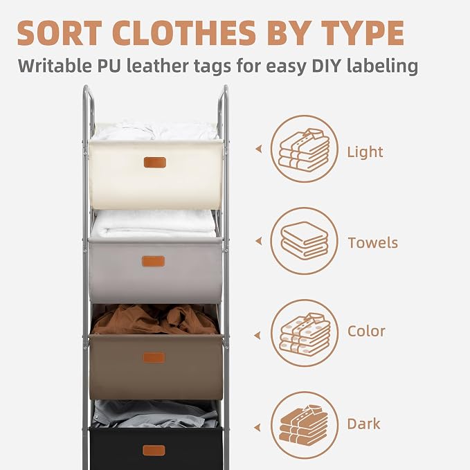 STORAGE MANIAC Vertical Rolling Laundry Hamper, 4 Section Laundry Sorter - Image 5
