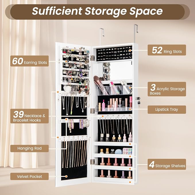 CHARMAID Jewelry Cabinet Wall or Door Mounted, Hanging Lockable Jewelry Armoire - Image 3