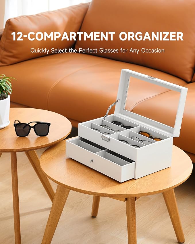 CO-Z Sunglasses Organizer with 12 Slots, Leather Eyeglasses Storage Box - Image 2