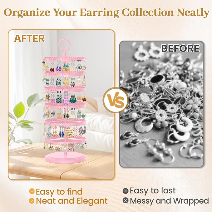 MODOWEY Rotating Earring Holder Organizer Adjustable Display, 6 Tiers Pink | - Image 5