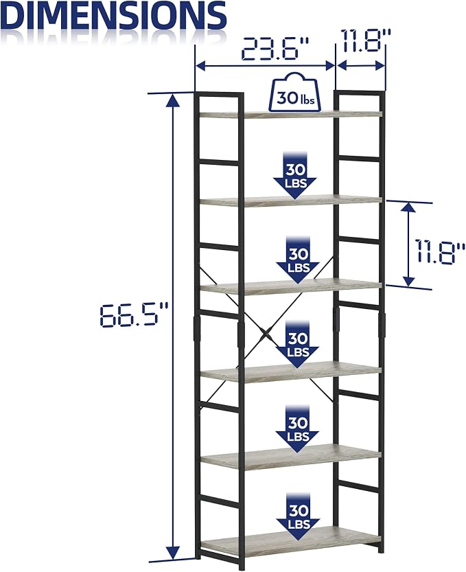 NUMENN 6 Tier Bookshelf, Tall Freestanding Open Storage Bookcase, Support Bars - Image 3