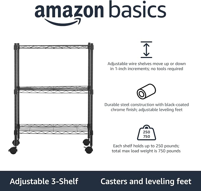 Amazon Basics 3-Shelf Adjustable, Heavy Duty Storage Shelving Unit on 2'' PP - Image 2