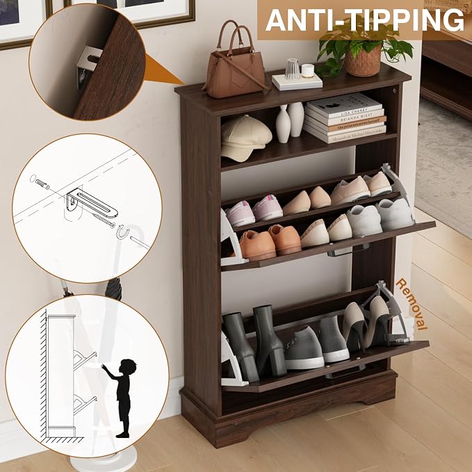 Shoe Storage Cabinet with 2 Flip Drawers, Narrow Slim Shoe Organizer - Image 5