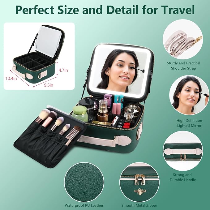 Travel Makeup Bag with Mirror of LED Lighted, Rechargeable Cosmetic Train Case - Image 4