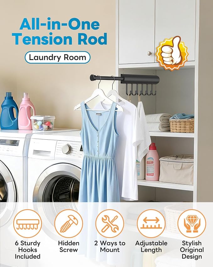 Pull Out Valet Rod, 12 Inches, 6 Hooks | Hidden Screw Design - Image 4