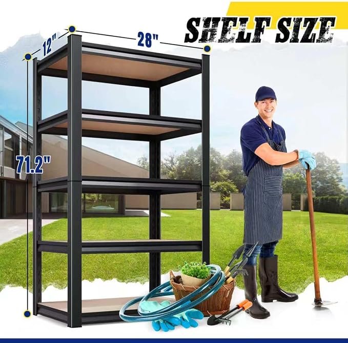 71"H x 28"W x 12"D Garage Shelving Unit, 5-Tier Heavy Duty Metal Storage - Image 3