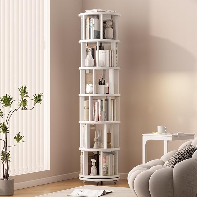 Solid Wood Rotating Bookshelf on Wheels, 6 Tier, Round Revolving Bookcase by Muwuele