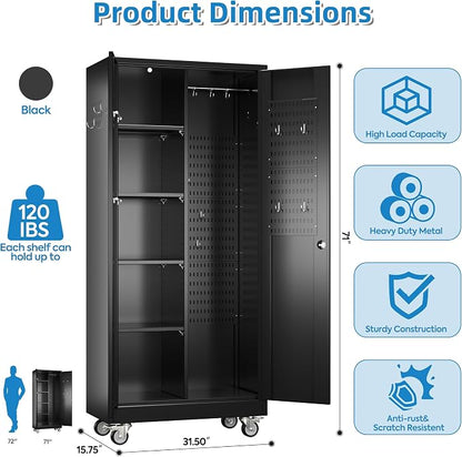 SUXXAN Broom Closet Storage Cabinet with13 Hooks and Hanging Rods, Laundry Room - Image 3