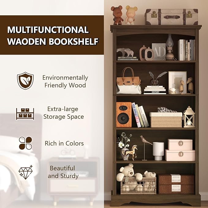 TVU 5-Tier Wooden Bookshelf, 31.5" W x 65" H ×9.9" D Bookshelf - Image 3