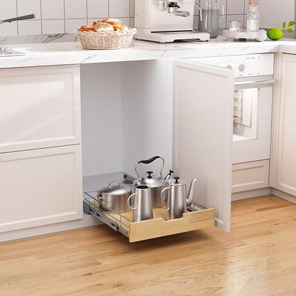 Pull Out Cabinet Organizer, Heavy-Duty Slide Out Shelf, Wood And Wire Basket - Image 4