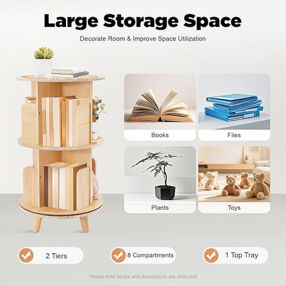 2 Tier Rotating Bookshelf with Legs, Small Corner Bookshelf Floor Standing - Image 3