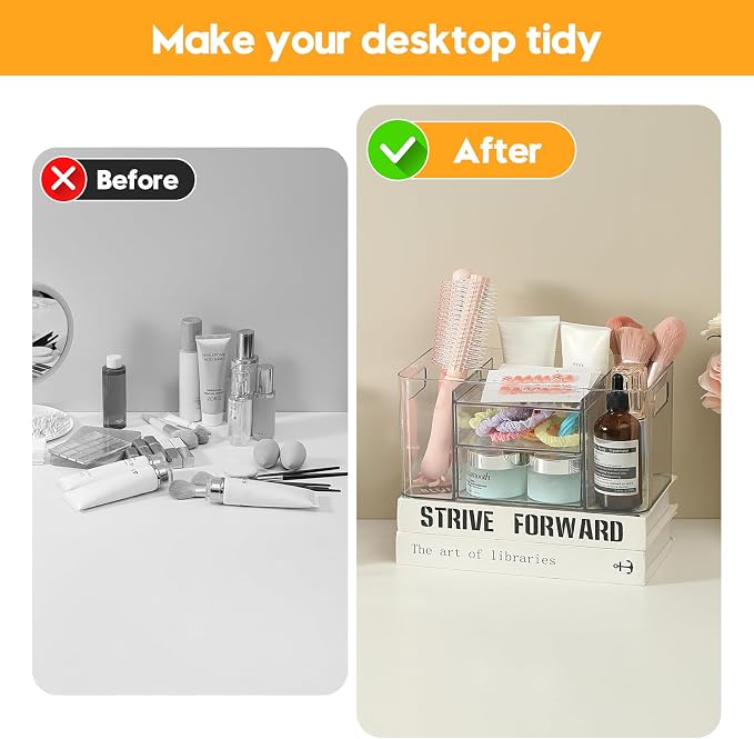 Acrylic Makeup Organizer for Countertop – 2 Drawers & 3 Compartments, Jewelry & - Image 4