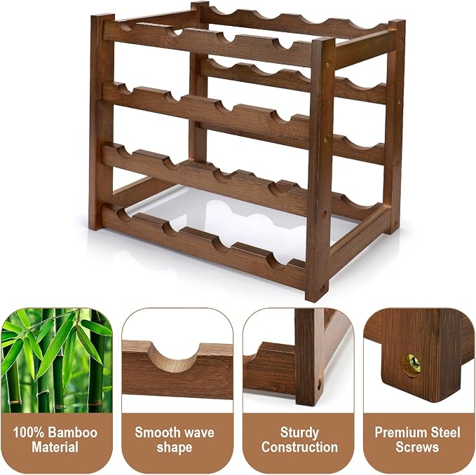 Bamboo Wine Rack, 4-Tier 16 Bottles Wine Storage Cabinet Shelf, Easy-Assembly - Image 6