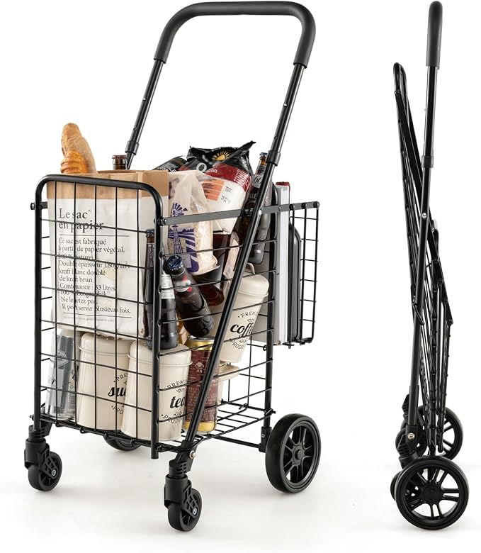 Goplus Folding Shopping Utility Cart, Double Basket and 360° Swivel Wheels by Goplus