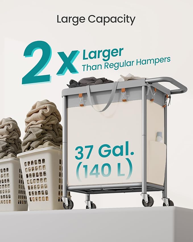SONGMICS Laundry Basket with Wheels, 2-Section Rolling Laundry Hamper, 37 - Image 3