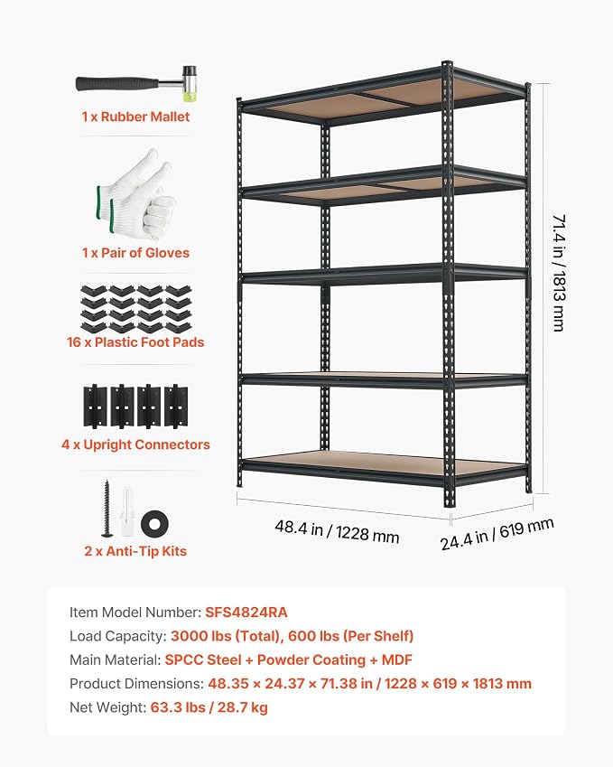 VEVOR Storage Shelves, 5-Tier Adjustable, 3000 lbs Capacity Heavy Duty | - Image 9