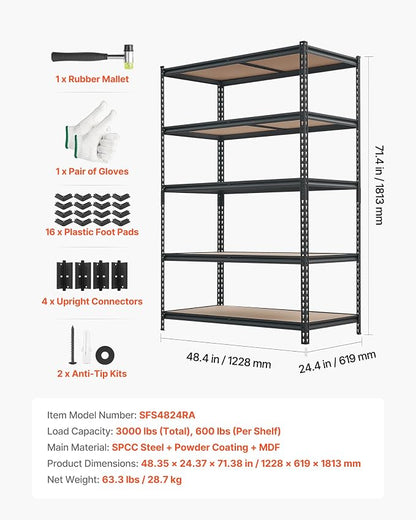 VEVOR Storage Shelves, 5-Tier Adjustable, 3000 lbs Capacity Heavy Duty | - Image 9