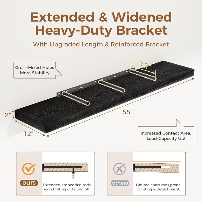 Black Floating Shelves 55 Inch Long, 12 Inch Deep Floating Shelves - Image 2