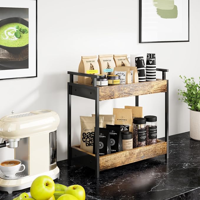 KLM Countertop Coffee Station Organizer, 2 Tier Wooden Shelf - Image 4