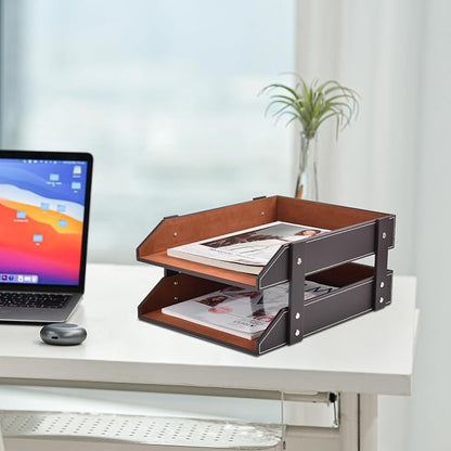 Leather Desk Organizer, 2-Tier Stackable Letter Tray Holder, Office Supplies - Image 9