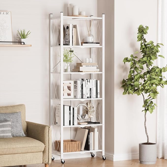 ALANNG 73.6 Inch Folding Bookshelf, 6 Tier Metal Bookcase and Bookshelves | - Image 2