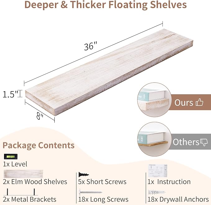 Axeman Floating Shelves for Wall, 8 Inch Deep Rustic Solid Elm Wood Wall - Image 2