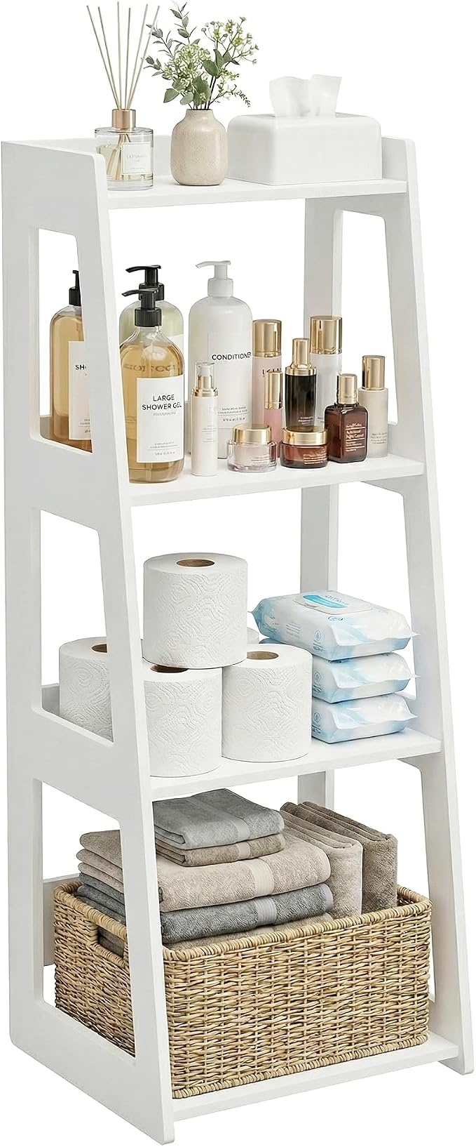 4-Tier Bathroom Ladder Shelf Freestanding, 12.6" W x 37" H | White Floor Shelves by HaveaGreatDay