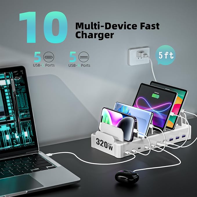 320W Charging Station for Multiple Devices, Zobirez 10-Port USB C Fast Charger - Image 5
