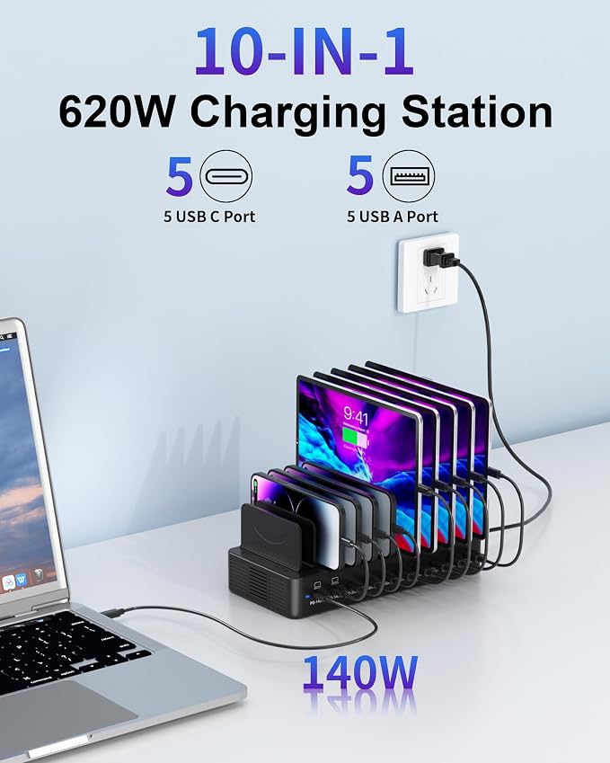 620W Charging Station for Multiple Devices, 10-Port USB C Fast Charger Station - Image 2