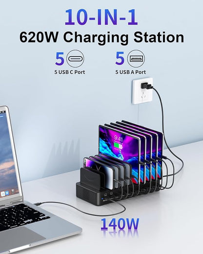 620W Charging Station for Multiple Devices, 10-Port USB C Fast Charger Station - Image 2