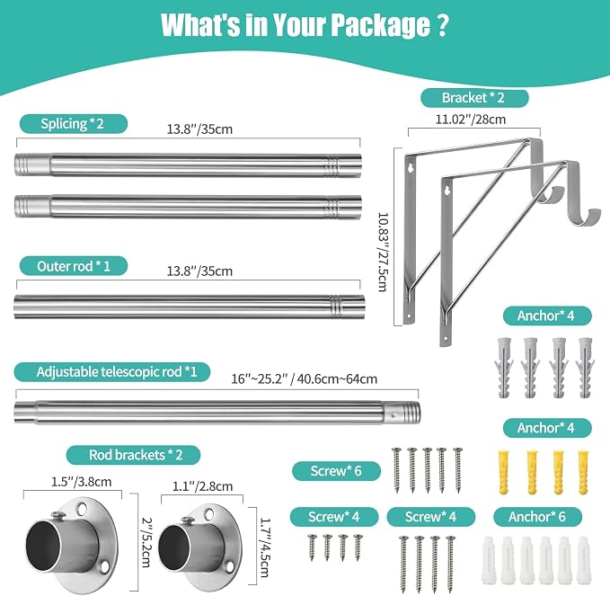 Closet Rod, 16 to 63 Inch Closet Rods Heavy Duty Adjustable Wardrobe Poles - Image 7
