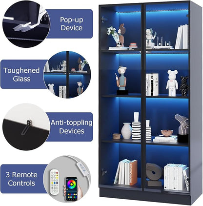 Glass Display Cabinet with LED Lights Set of 2, Display Case Bookcase with - Image 4