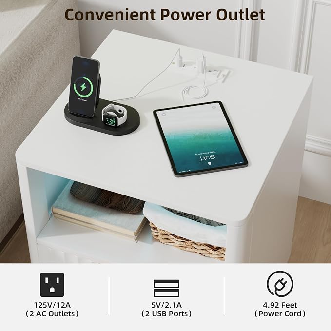 VOWNER Fluted Nightstand with Charging Station, 18” RGB Night Stand with 2 - Image 3