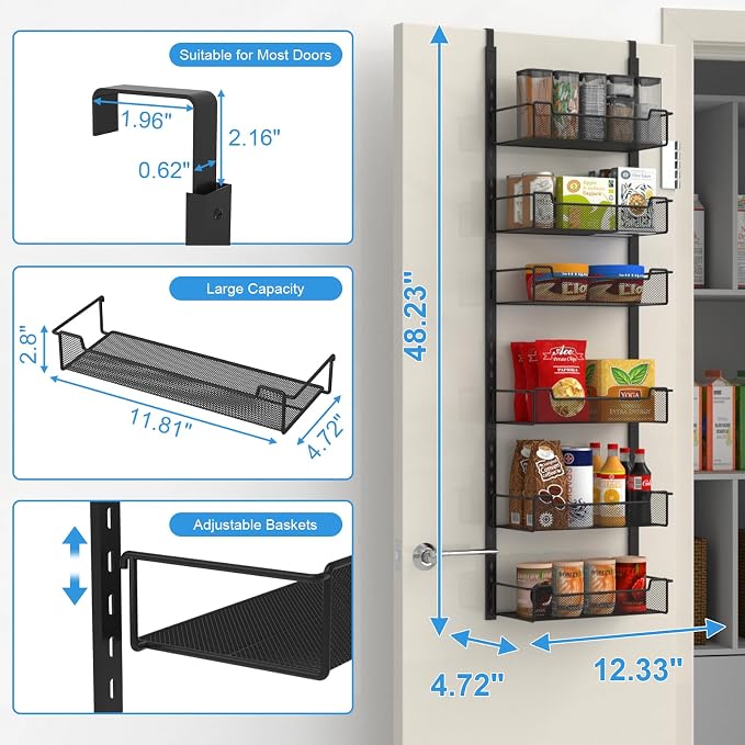 12.3" W Narrow Over the Door Pantry Organizer, 6-Tier Over the Door Organizer - Image 3