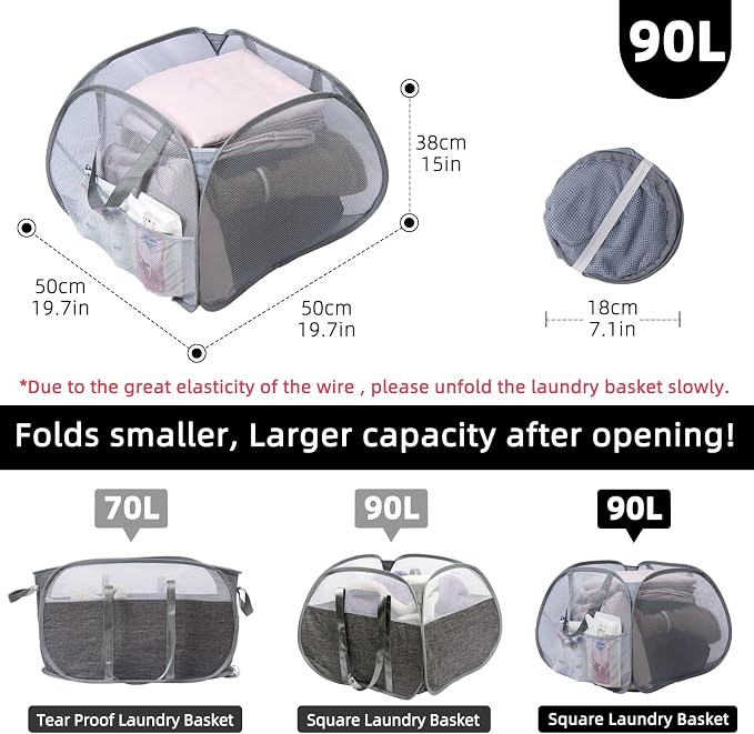 Collapsible Laundry Basket, 90L Mesh Pop-up Hamper - Image 2
