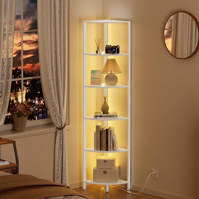 6 Tier Corner Shelf with LED Light, 67.5" White Narrow Bookshelf | Tall - Image 3