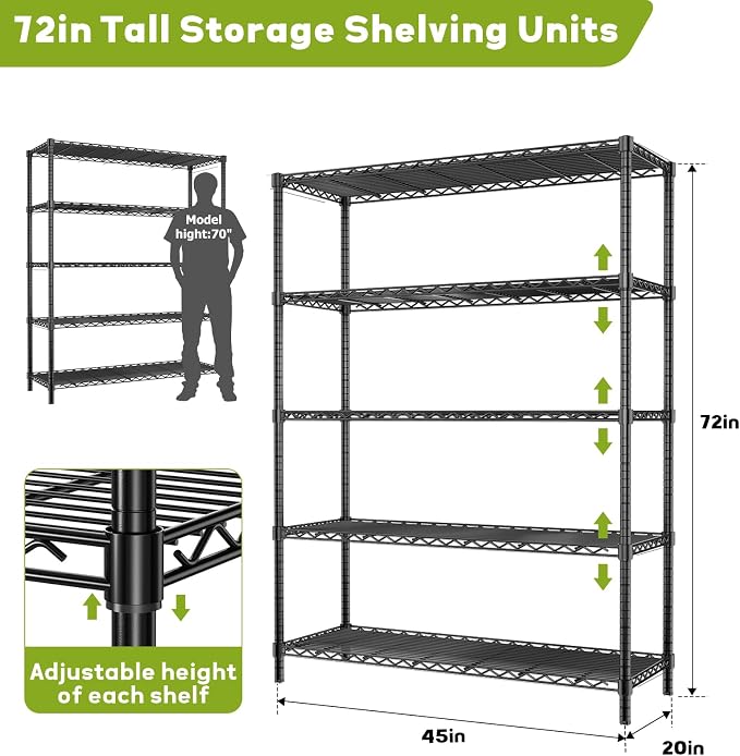 45" W x 20" D x 72" H Heavy Duty Wire Shelving Unit, 5-Tier Utility Storage - Image 3