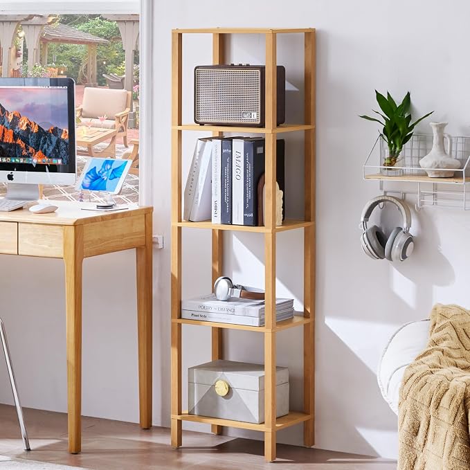 YUFAM 5 Tier Tall Narrow Bookshelf, Skinny Bookcase, Wooden Shelf, Natural | by YUFAM