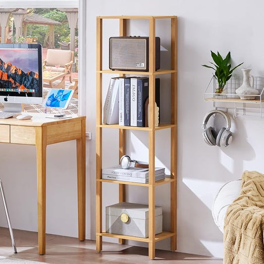YUFAM 5 Tier Tall Narrow Bookshelf, Skinny Bookcase, Wooden Shelf, Natural | by YUFAM