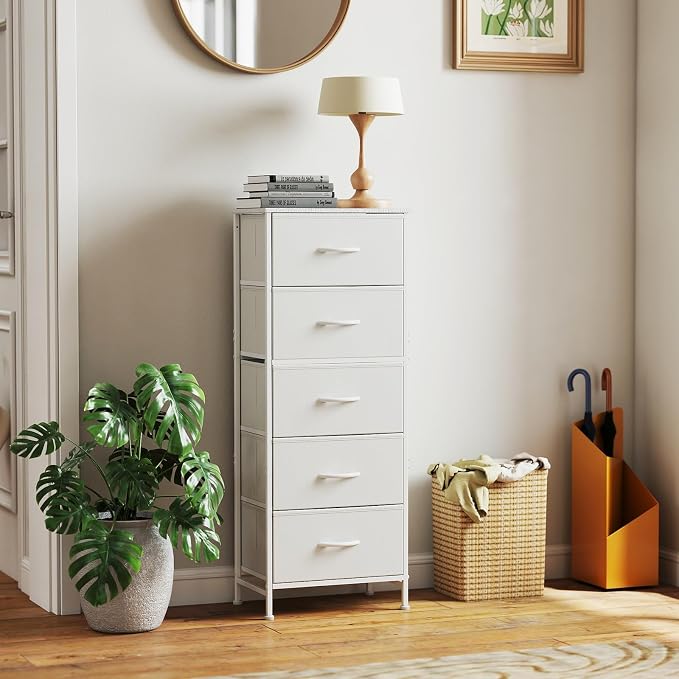 DUMOS Nightstand with 5 Drawers Bedside Table with Removable Fabric Bins Sturdy - Image 2