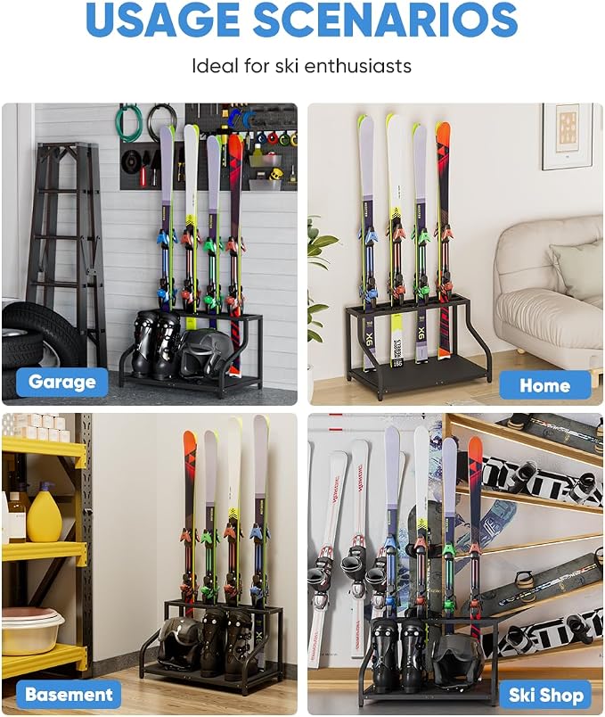 Mondazie Ski Storage Rack for Garage, 4 Pair Black | Freestanding Snowboard Rack - Image 7