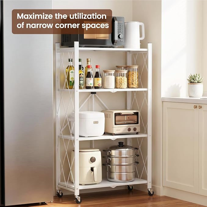 ALANNG 4 Tier Folding Storage Shelf on Wheels, Heavy Duty Metal Rolling Cart | - Image 3