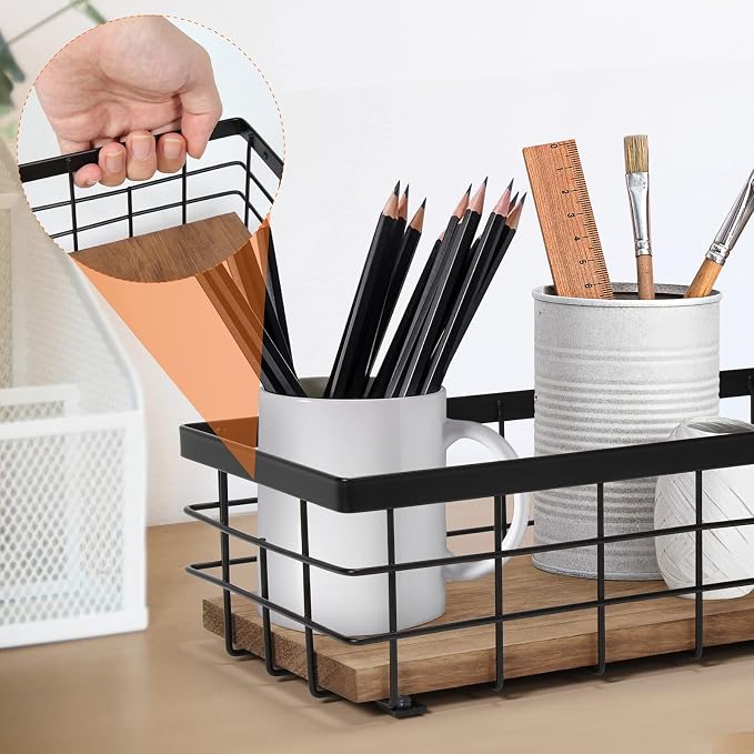 TJ.MOREE Small Metal Wire Basket, Decorative Wood Base Organizer - Image 4