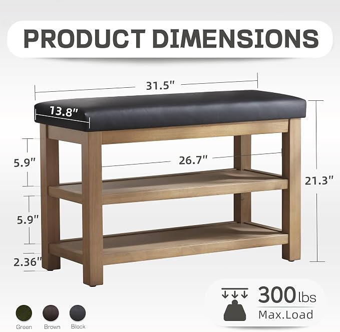Zihanhome Shoe Rack Bench with Leather Cushion, 2 Tier Solid Wood Storage Bench - Image 2