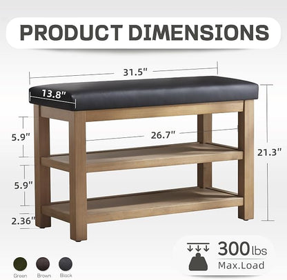 Zihanhome Shoe Rack Bench with Leather Cushion, 2 Tier Solid Wood Storage Bench - Image 2