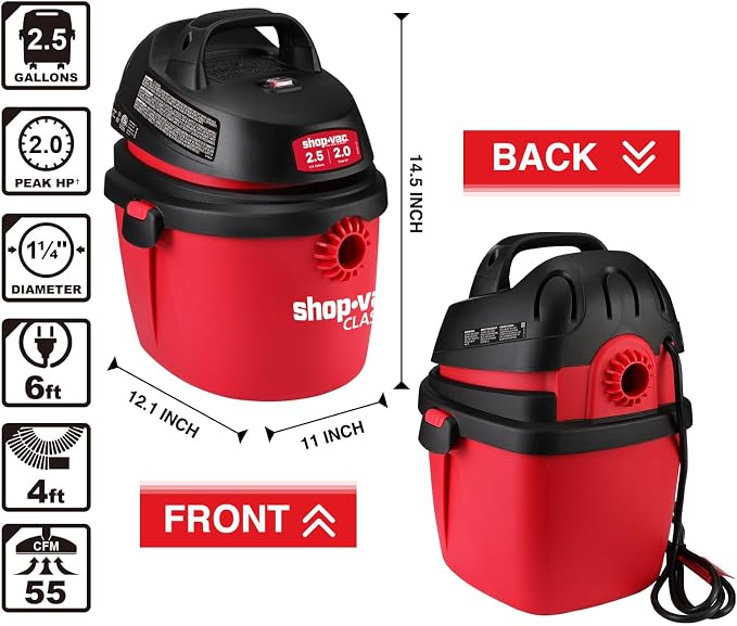 Shop-Vac 2.5 Gallon 2.0 Peak HP Wet/Dry Vacuum, Portable Compact Shop Vacuum - Image 5