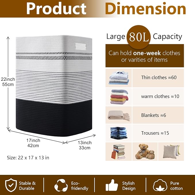 Laundry Hamper, Large Woven Rope Tall Laundry Basket - Image 4